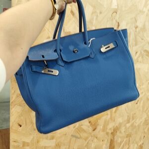 Hermes Blue Leather Structured Tote Bag with Silver Hardware
